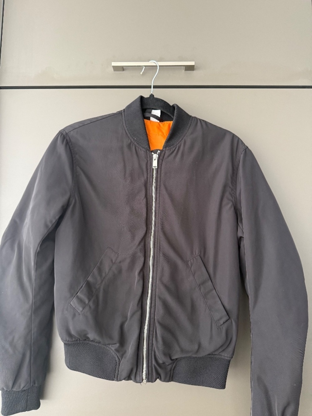 Black Bomber Jacket XS Orange Lining Zip Up Lightweight Flight Jacket - Picture 2 of 6